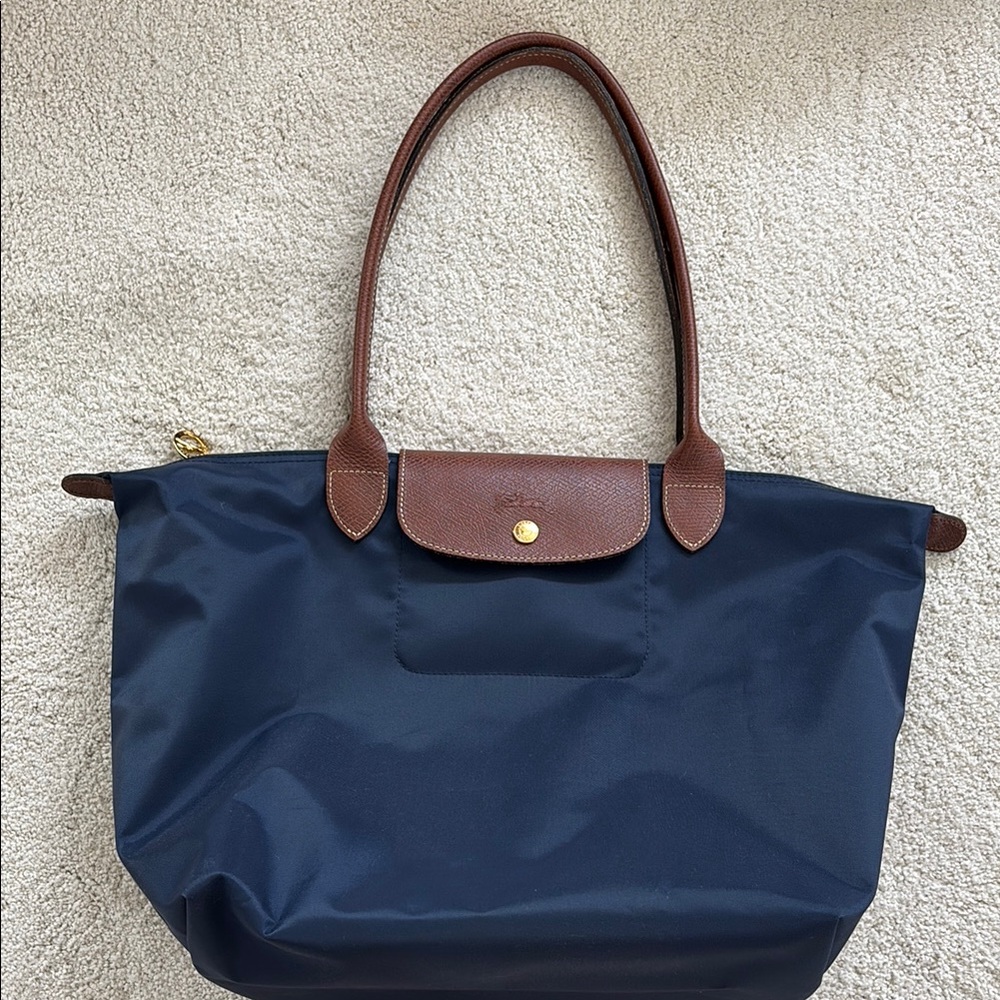 Longchamp Blue and Brown Tote with Leather Trim
